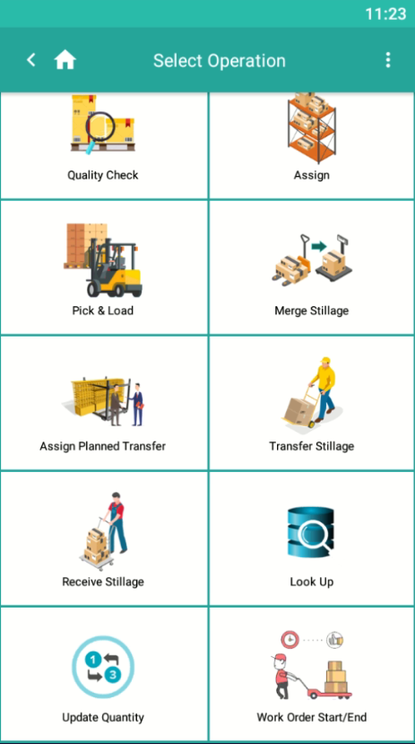 dsCount mobile app Select Operation screen showing quality check, assign, pick and load, merge stillage, transfer stillage, receive stillage, look up, and update quantity options.